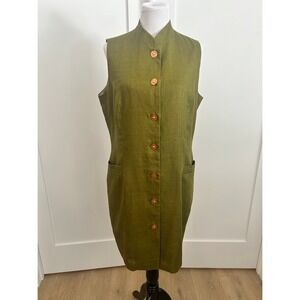 SAKE Sleeveless Mandarin Collar Button Front Dress Olive Green Linen Sz 14/16